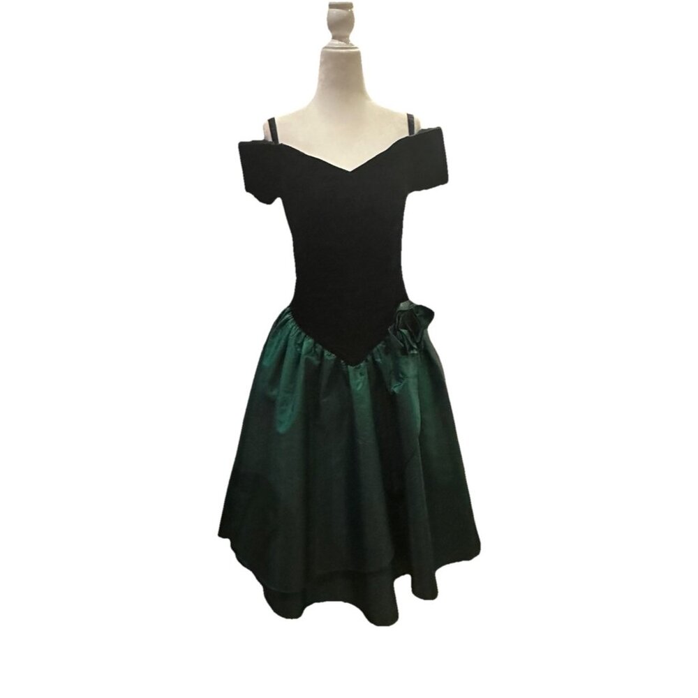 VTG Roberta Black Velvet Green Organza Evening Dress 90s 5/6
